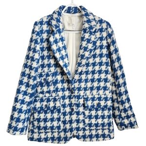 Joie Blue White Houndstooth Tweed Blazer